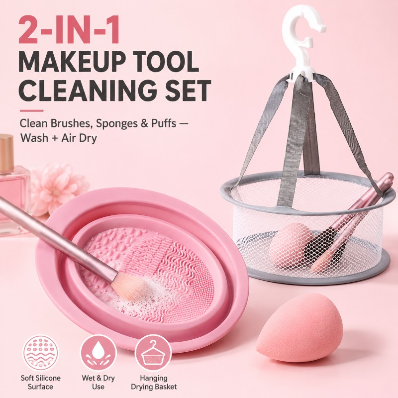 Beauty Makeup Sponge - ชามทำความสะอาดแปรงแต่งหน้าซิลิโคน 2-in-1 พร้อมตะกร้าสำหรับตากแห้ง, แผ่นล้างฟองน้ำแต่งหน้าแบบพับได้สำหรับอุปกรณ์แต่งหน้าสำหรับการเดินทาง