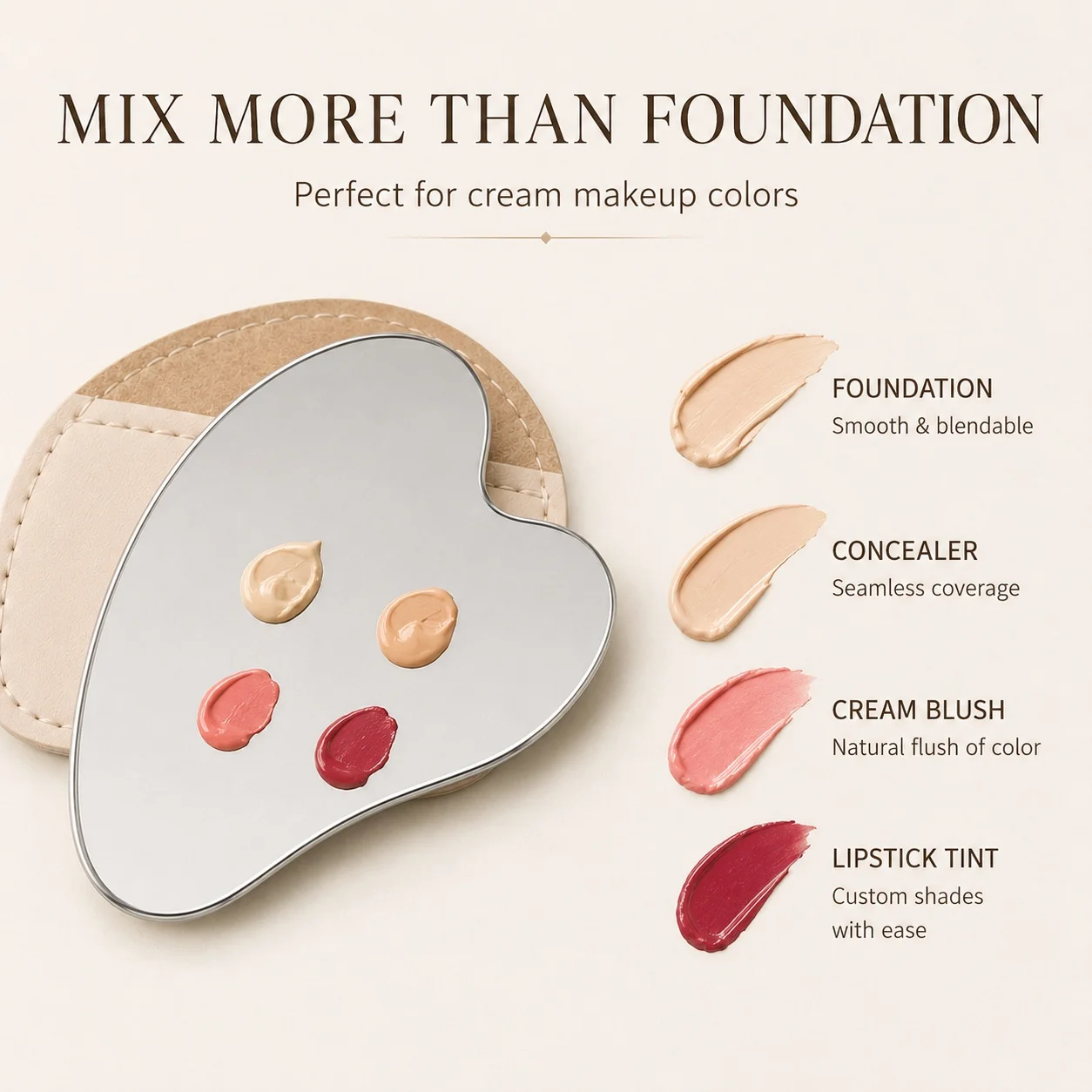 Beauty Makeup Tool - พาเลตผสมเครื่องสำอางสแตนเลสทรงหัวใจพร้อมปลอกหนัง อุปกรณ์ผสมรองพื้นและคอนซีลเลอร์สำหรับความงาม