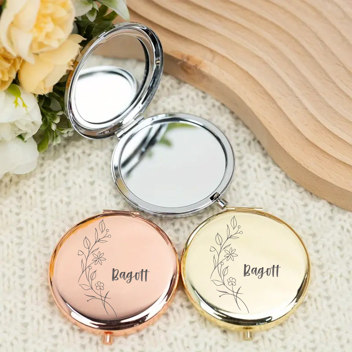 Beauty Makeup Names - กระจกแต่งหน้าพับได้ 1 ชิ้น ลายดอกไม้สวยงาม ตลกขบขัน พร้อมสลักชื่อ