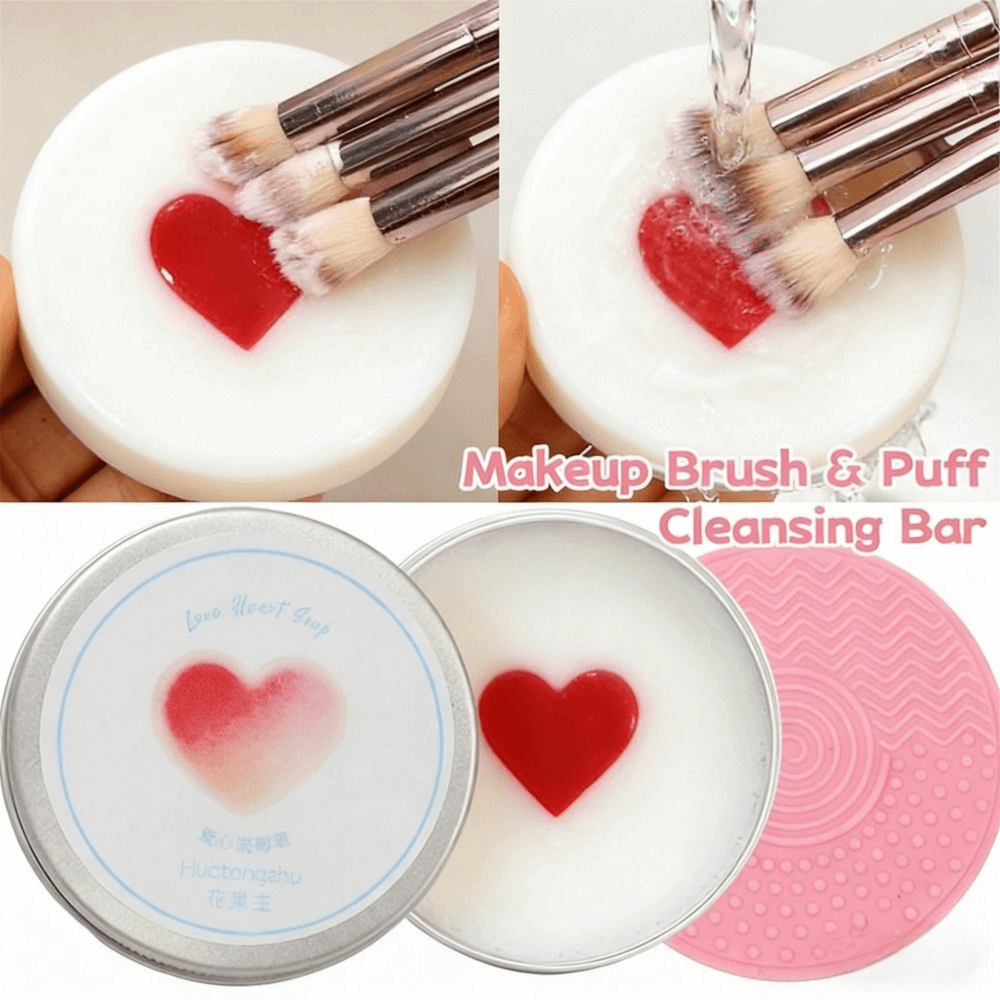 Beauty Makeup Sponge - สบู่ทำความสะอาดแปรงแต่งหน้าแบบทำความสะอาดล้ำลึก พร้อมแผ่นซิลิโคนรูปหัวใจ สำหรับทำความสะอาดฟองน้ำแต่งหน้า แห้งเร็ว ใช้ซ้ำได้ อุปกรณ์ทำความสะอาดเครื่องสำอาง