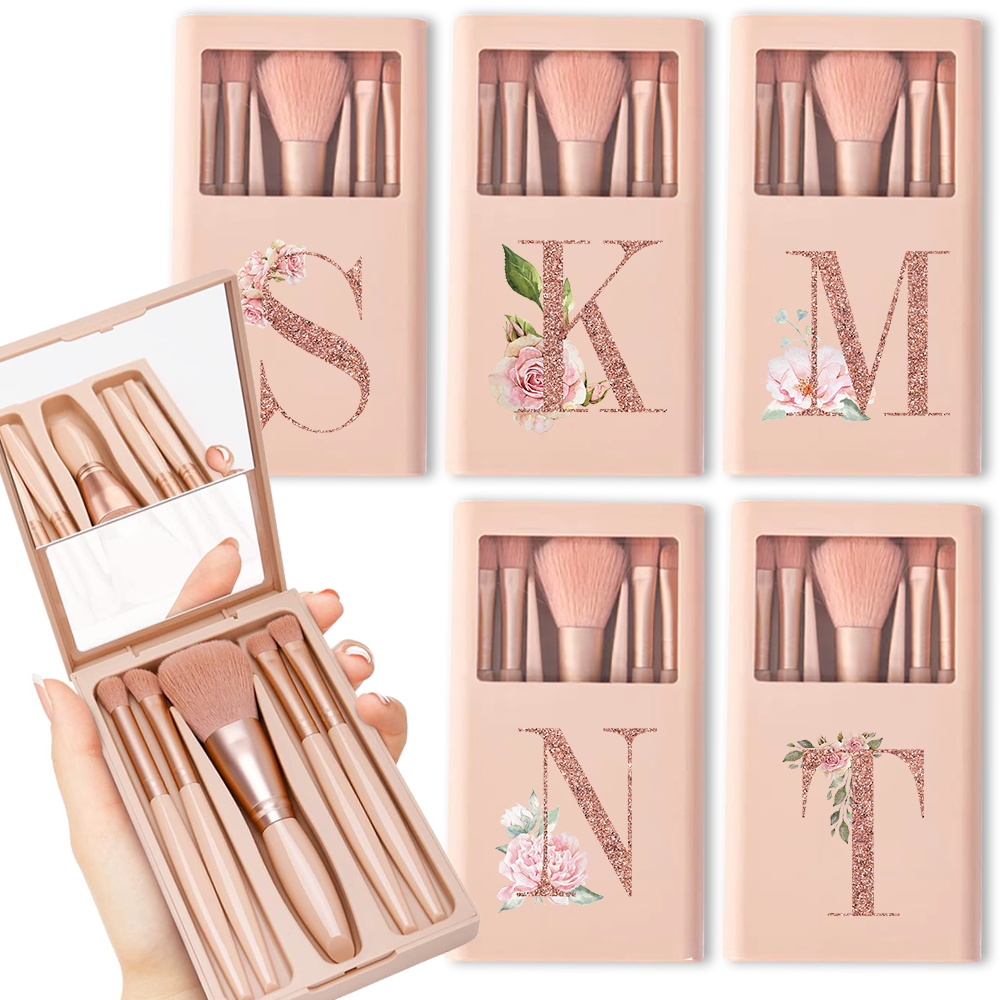 Beauty Makeup Tool Collection - ชุดแปรงเครื่องสําอาง 5 ชิ้นพร้อมกระจกและกล่องพับได้ชุดแปรงแต่งหน้าเครื่องมือความงามแบบพกพารูปแบบตัวอักษร Rose Gold