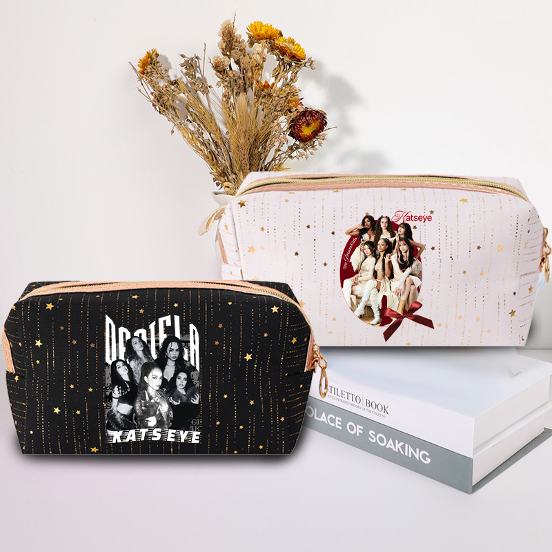 Beauty Makeup Vanity - กระเป๋าเครื่องสำอางแฟชั่น K-POP K-KATSEYE ลายดาวปั๊มร้อน ดีไซน์สวยหรูสำหรับผู้หญิง พร้อมซิปเก็บของ